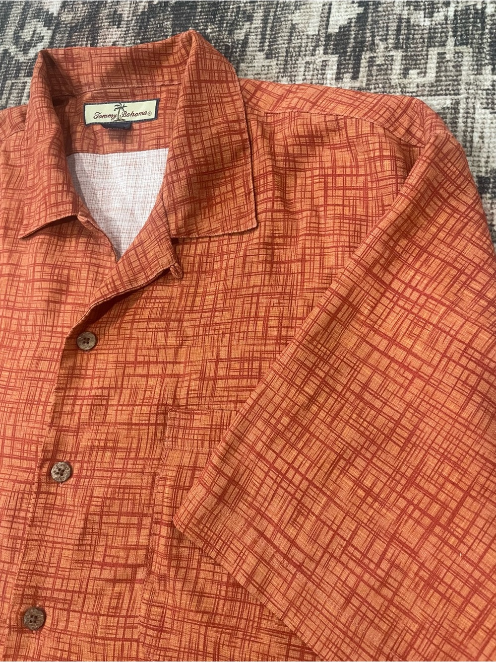 Tommy Bahama Orange Crosshatch Short-Sleeve Camp Shirt 100% Silk